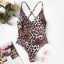 Shein Criss Cross Low Back Random Leopard Swimsuit