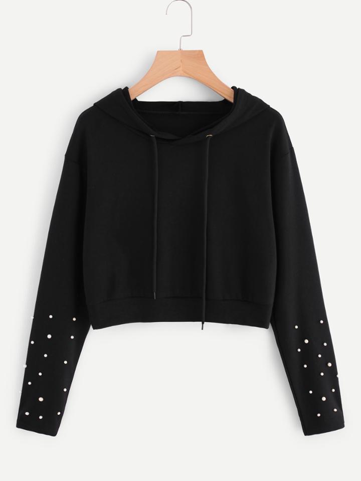 Shein Pearl Beaded Sleeve Crop Hoodie