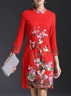 Shein Red Collar Flowers Embroidered Shift Dress