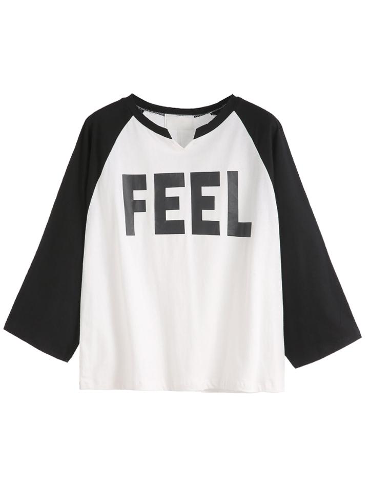 Shein White Letter Print Contrast Raglan Sleeve V Cut T-shirt