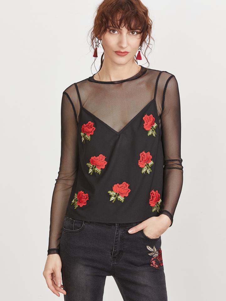 Shein Black Sheer Mesh Top With Embroidered Rose Applique Cami Top