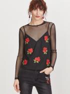 Shein Black Sheer Mesh Top With Embroidered Rose Applique Cami Top