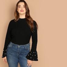 Shein Plus Pearl Detail Flounce Sleeve Fitted Tee