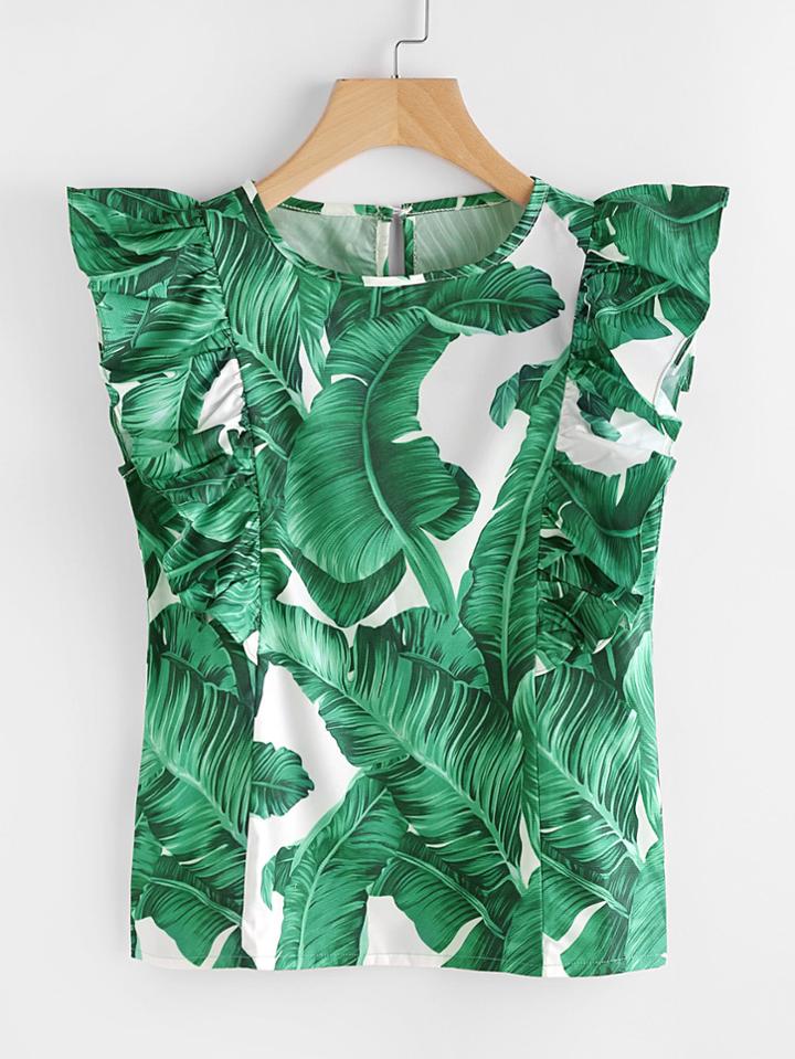Shein Banana Leaf Print Frill Trim Blouse