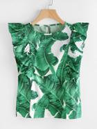 Shein Banana Leaf Print Frill Trim Blouse
