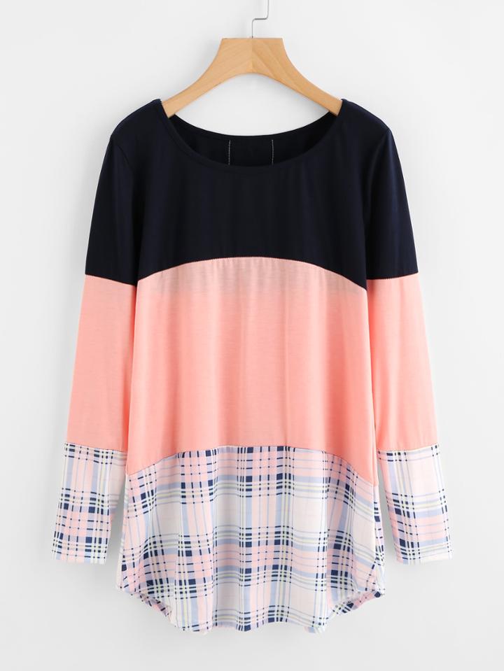 Shein Contrast Lace Applique Curved Hem Tee