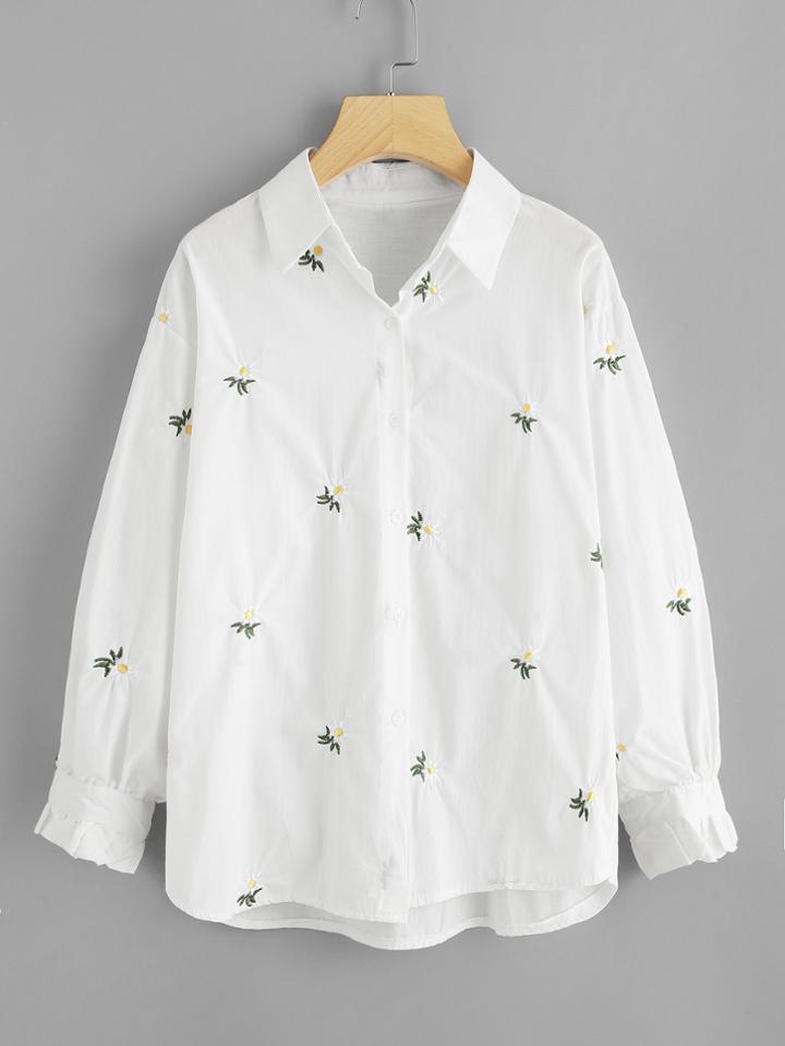 Shein Flower Embroidered Ruffle Cuff Shirts