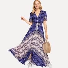 Shein Button Front Drawstring Tassel Dress