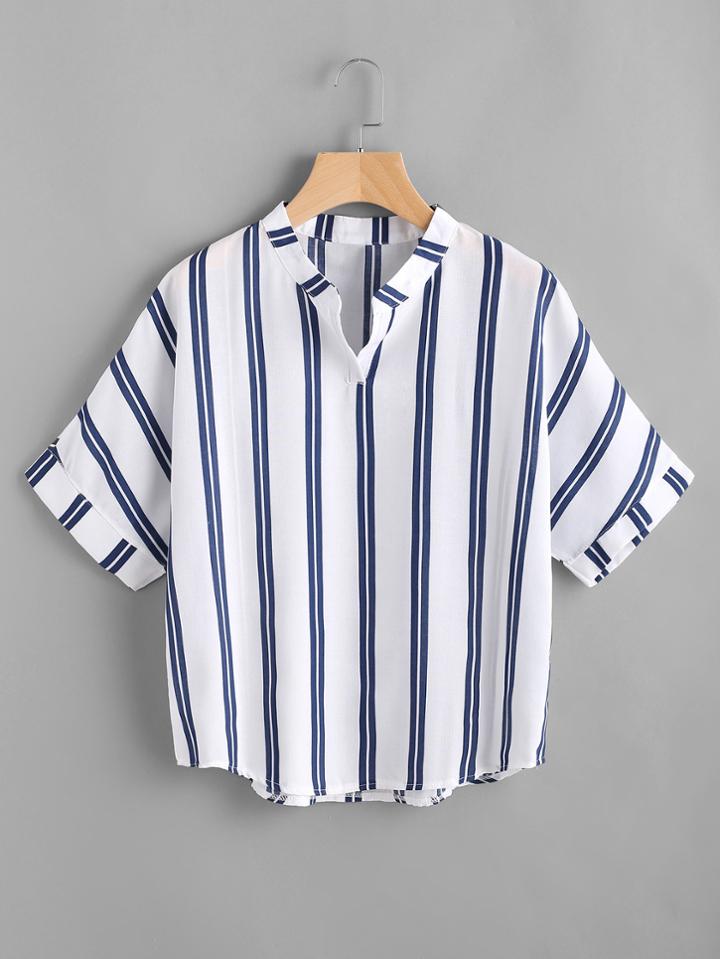 Shein Band Collar Stripe Print Blouse