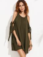 Shein Army Green Tie Sleeve Cold Shoulder Shift Dress