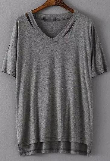 Shein Grey V Neck Hollow Dip Hem Loose T-shirt