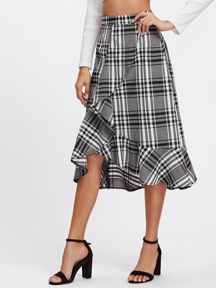 Shein Frill Trim Plaid Overlap Skirt