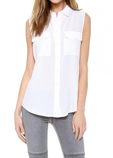 Rosewe Turndown Collar Sleeveless White Asymmetric Blouse