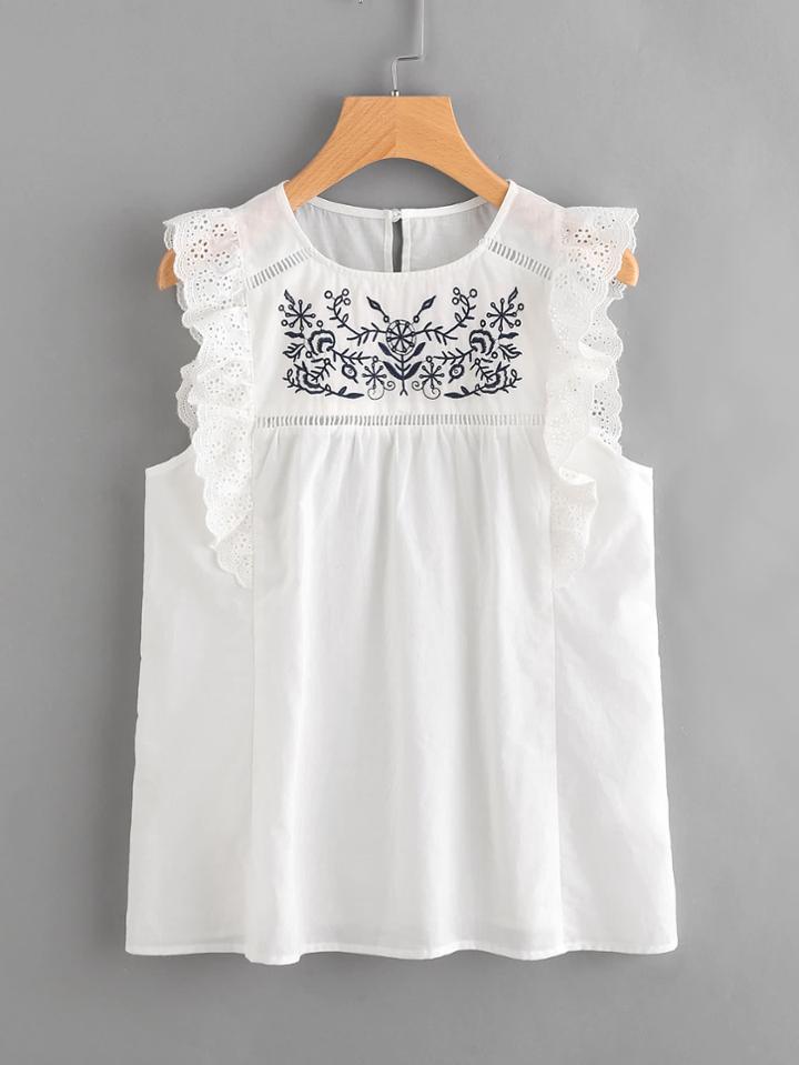 Shein Embroidered Yoke Eyelet Frill Trim Shell Top
