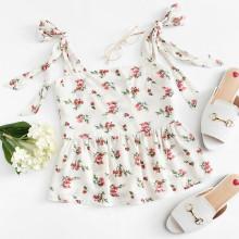 Shein Floral Print Knot Shoulder Babydoll Top