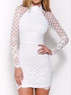 Shein White Stand Collar Sheer Lace Bodycon Dress