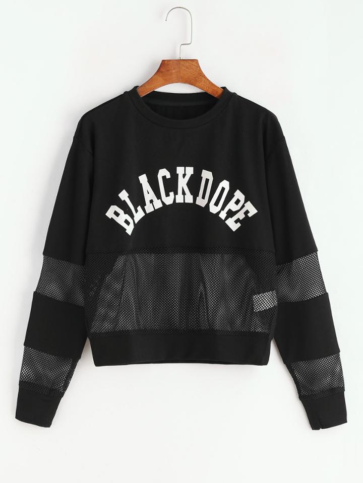 Shein Letter Print Drop Shoulder Mesh Insert Sweatshirt