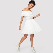 Shein Eyelet Embroidered Shirred Waist Flounce Bardot Dress