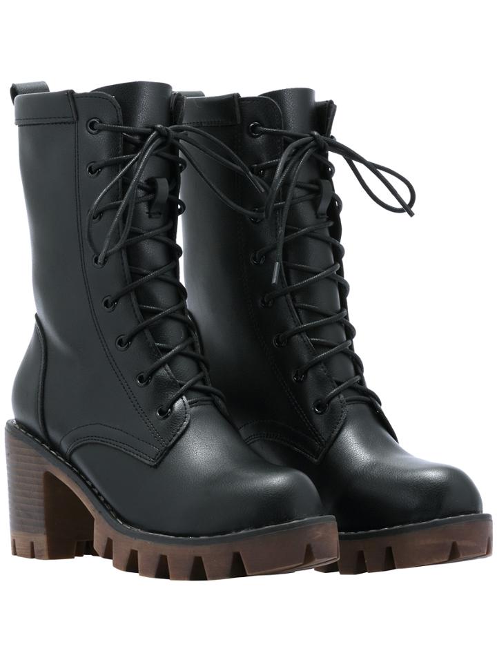 Shein Black Lace Up Pu Chunky Boots