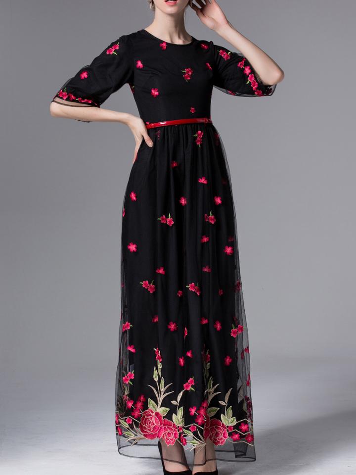 Shein Black Gauze Embroidered Belted Maxi Dress