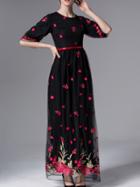 Shein Black Gauze Embroidered Belted Maxi Dress