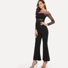 Shein Contrast Striped Sheer Mesh Bodice Flare Leg Jumpsuit Without Bandeau
