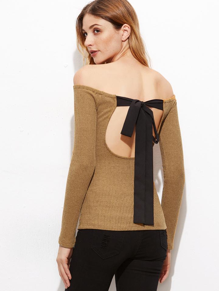 Shein Khaki Off The Shoulder Cutout Tie Back T-shirt