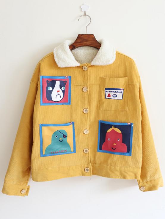 Shein Yellow Long Sleeve Cartoon Pattern Crop Coat