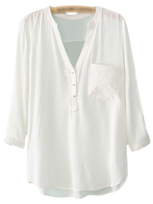 Shein White V Neck Buttons Front Dip Hem Blouse