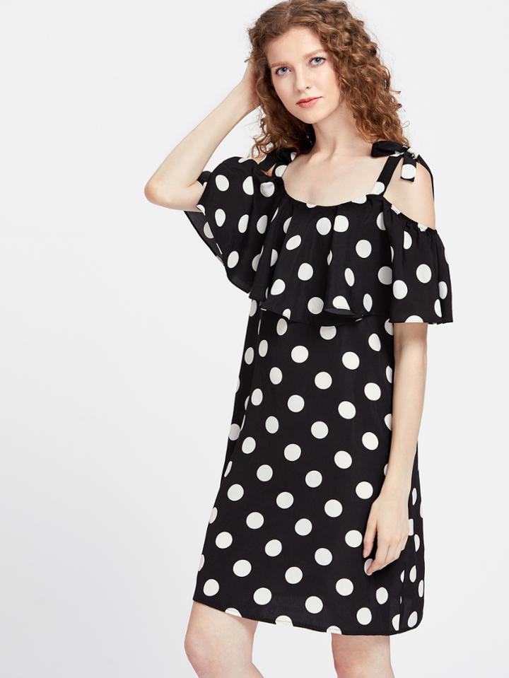 Shein Self Tie Cold Shoulder Flounce Polka Dot Dress