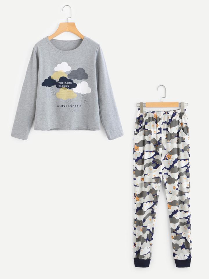 Shein Cloud Print Pullover And Pants Pajama Set