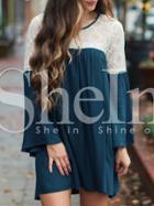 Shein Dark Green Bell Sleeve Contrast Lace Dress