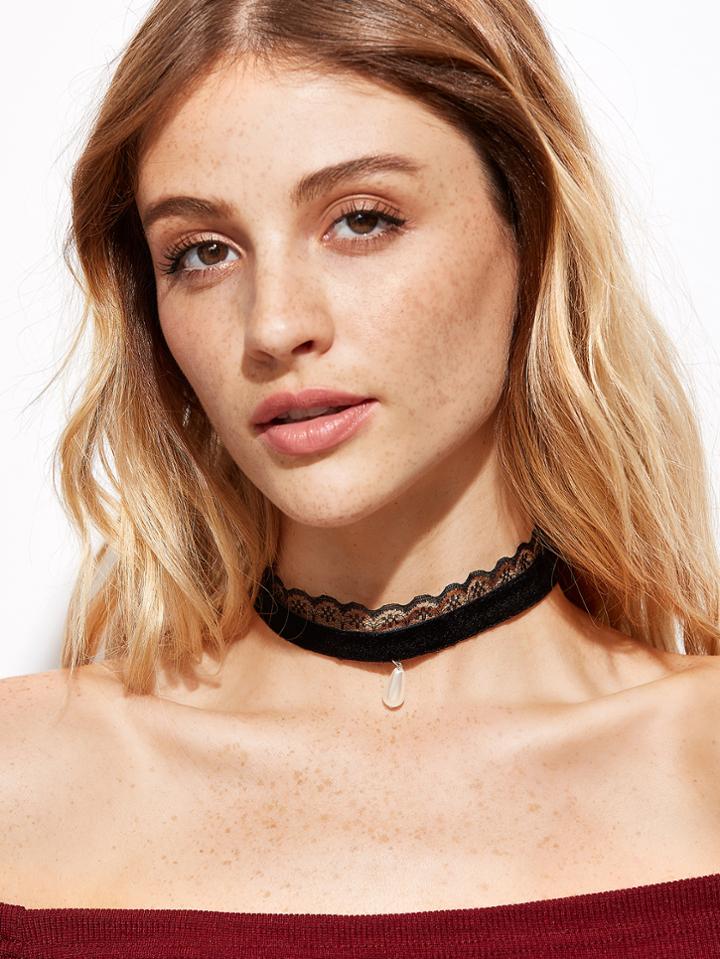 Shein Black Velvet Lace Faux Pearl Choker Necklace