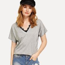 Shein V Neckline Lace Trim Tee