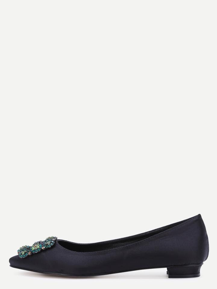 Shein Black Glitter Satin Rhinestone Pointed Ballet Flats