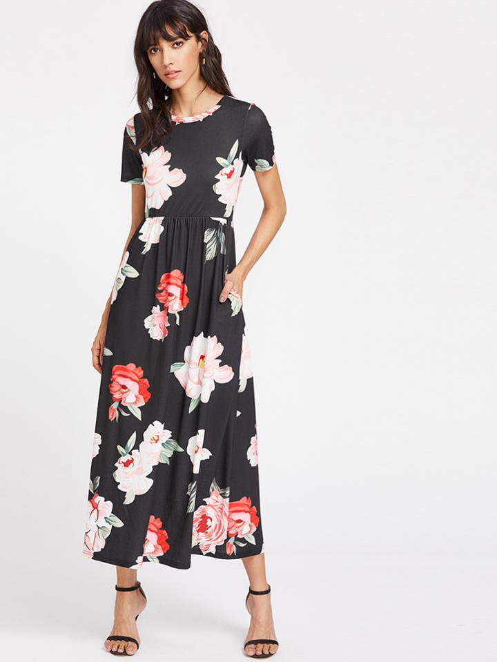 Shein Flower Print Pocket Side High Waist Smock Dress
