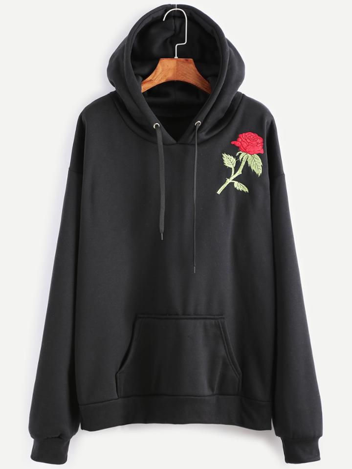 Shein Black Rose Embroidery Drawstring Hooded Pocket Sweatshirt