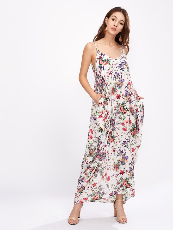 Shein Botanical Print Double Plunge Cami Dress