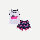 Shein Girls Bow Detail Dolphin Print Vest With Pom Pom Hem Shorts