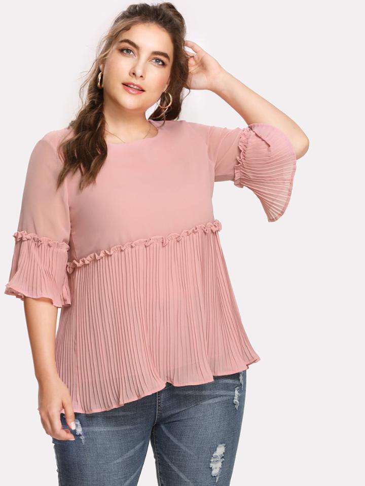 Shein Pleated Detail Frill Trim Chiffon Blouse