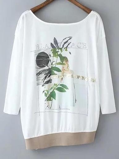 Shein White Oblique Hem Cut Out Backless Print T-shirt