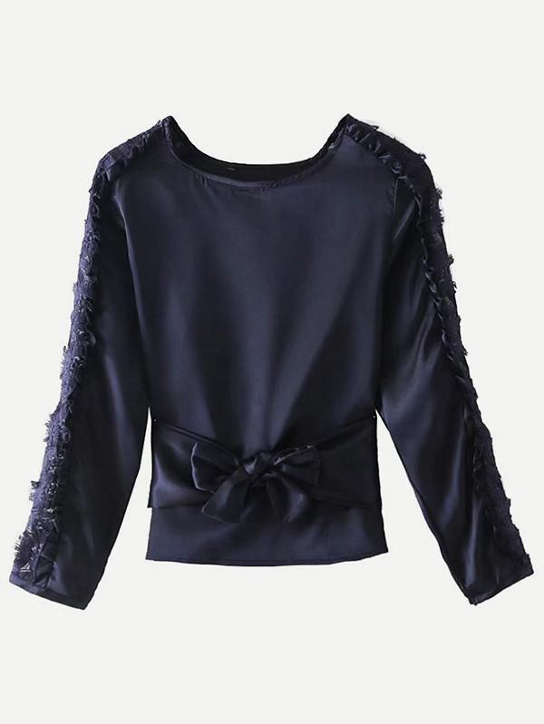 Shein Lace Crochet Tape Bow Tie Satin Blouse
