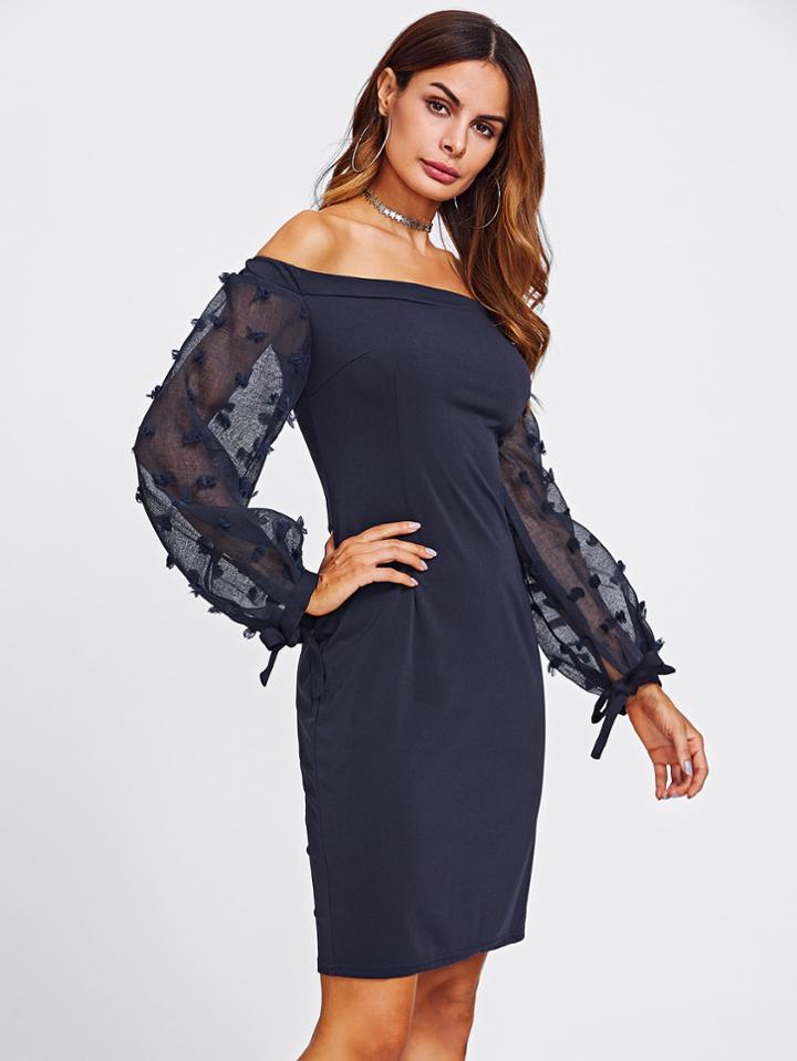 Shein Bardot Jacquard Mesh Sleeve Slit Back Dress