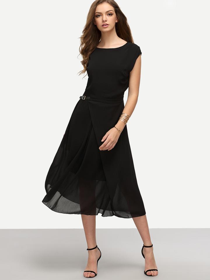 Shein Buckle Waist Folded Chiffon Dress - Black