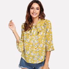 Shein Tie Neck Pleated Ruffle Trim Floral Top