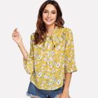 Shein Tie Neck Pleated Ruffle Trim Floral Top