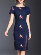 Shein Blue Backless Birds Embroidered Split Sheath Dress