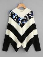 Shein Sequin Detail Hanky Hem Contrast Chevron Jumper