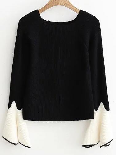 Shein Black Contrast Cuff Bell Sleeve Knitwear