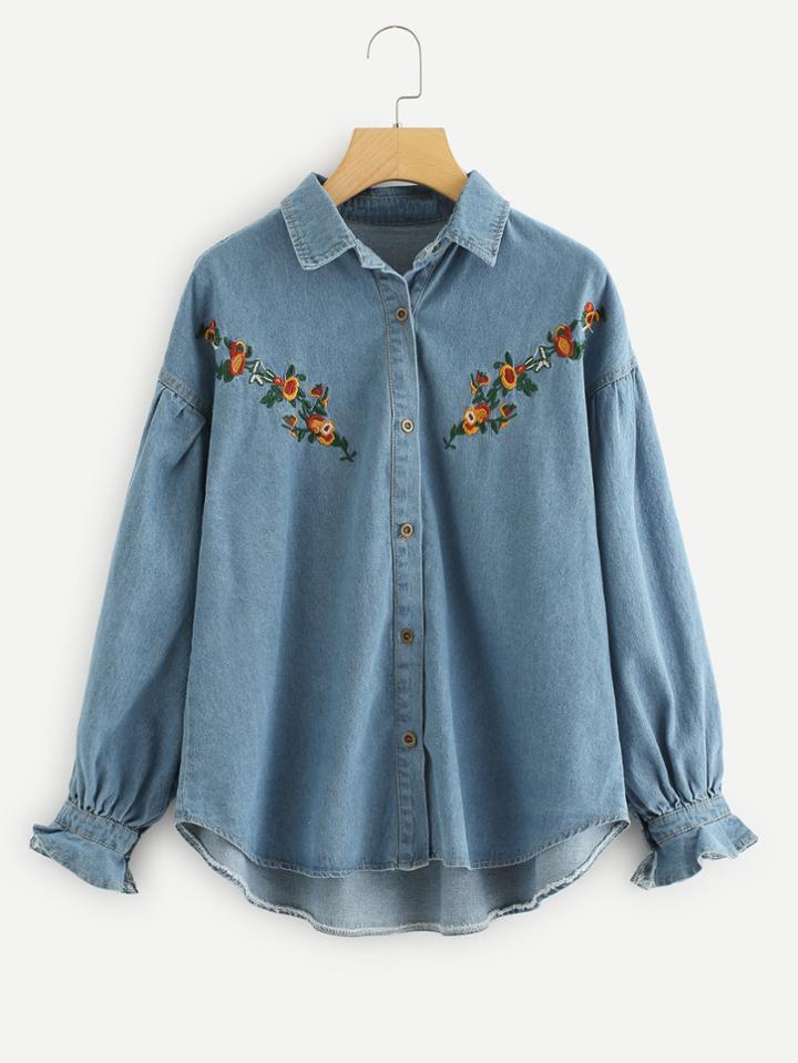 Shein Flower Embroidery Dolphin Hem Denim Blouse